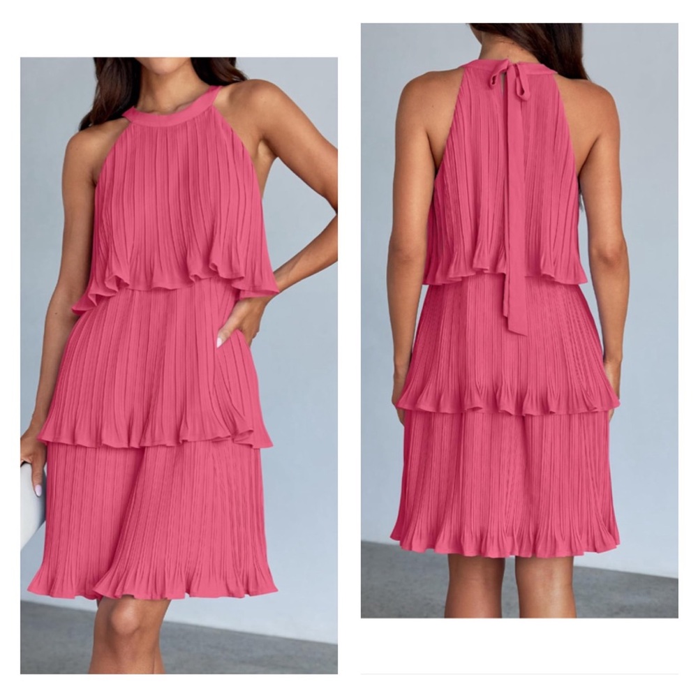Halter Sleeveless Ruffle Tiered Layered Chiffon Pleated A Line Swing Mini Dress